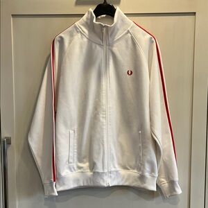 Fred Perry White Cotton blend Zip front Jacket with Red Sleeve Stripes and logo